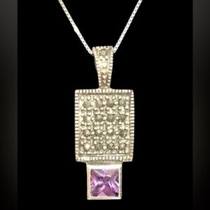 NECKLACE Amethyst & Marcasite Drop Square Necklace, .925 Sterling Silver, Chain